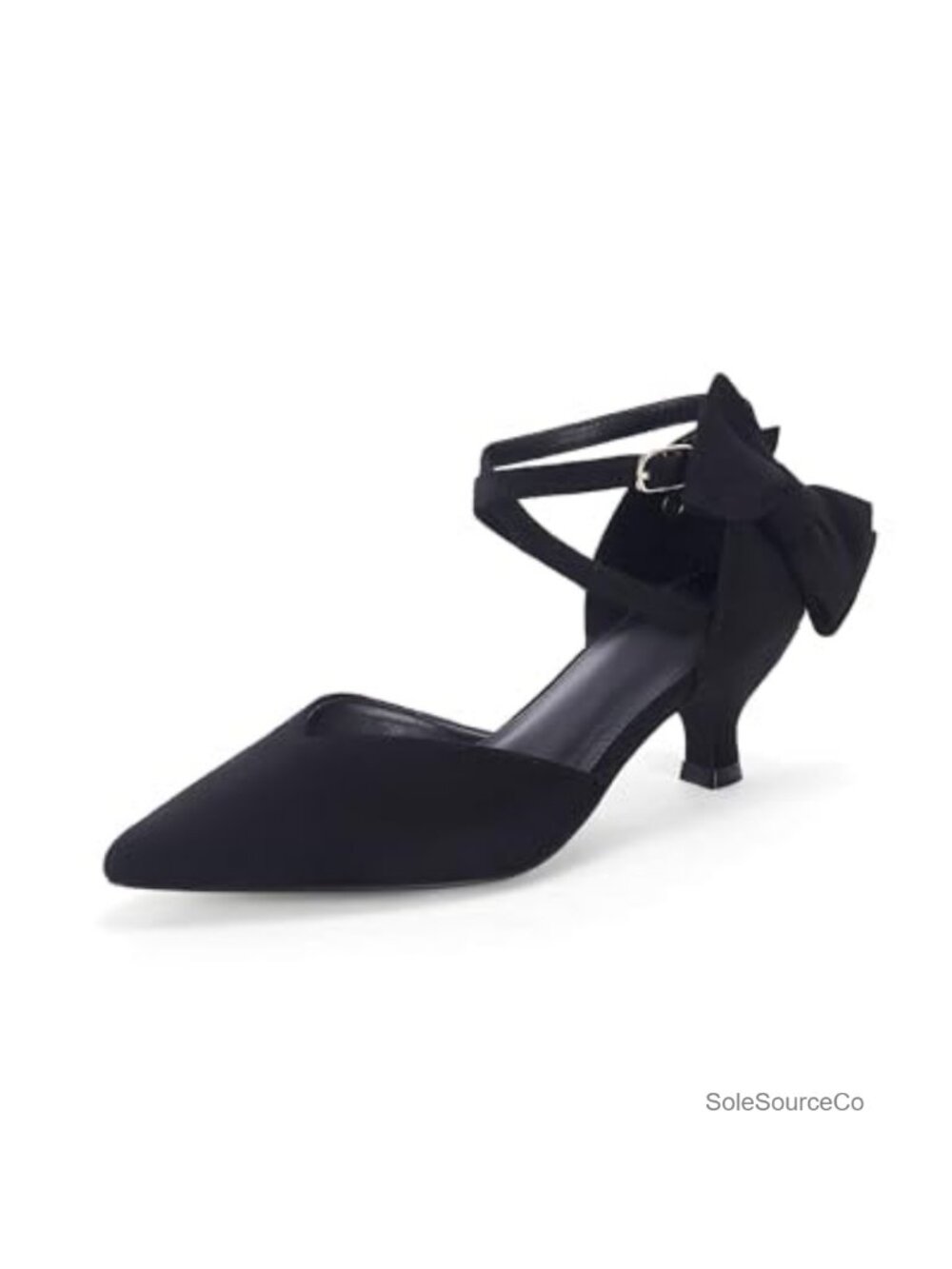 Coutgo Womens Low Kitten Heel Bow Dress Shoes Pointed Toe Ankle Strap Pumps